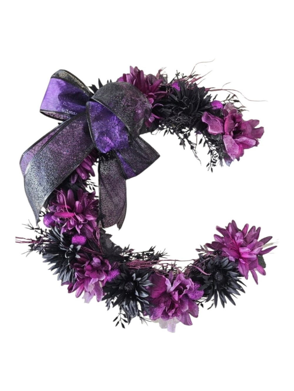 Gothic Halloween Crescent Moon Wreath Purple Black Faux Floral 18” Form